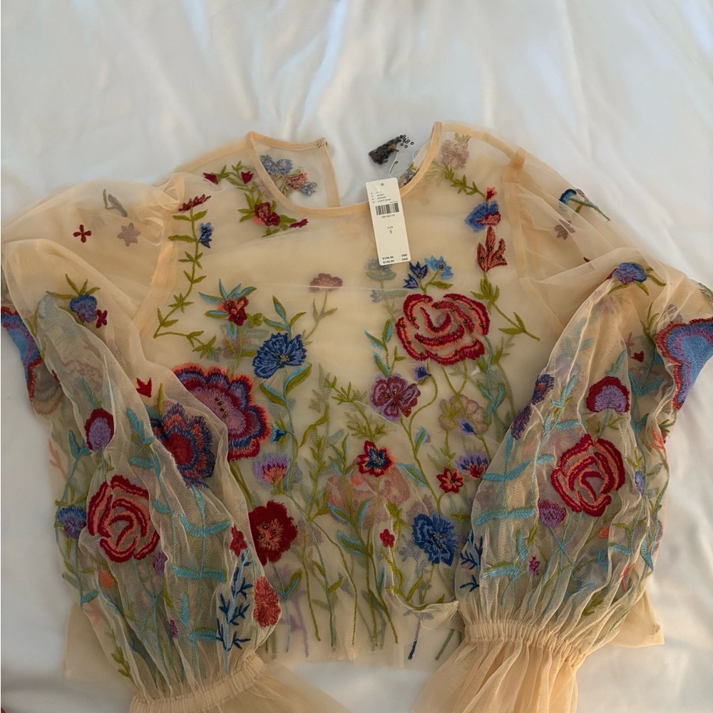 Anthropologie Cream Floral Embroidered Blouse